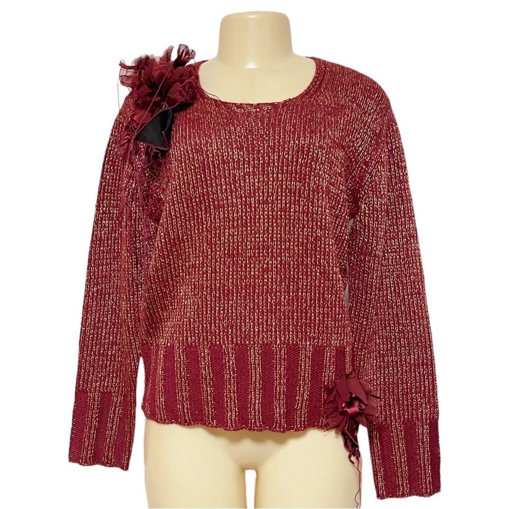 Olsen Europe Red Gold‎ Metallic Ribbed Knit Sweater Floral Appliqué Detail Sz 10